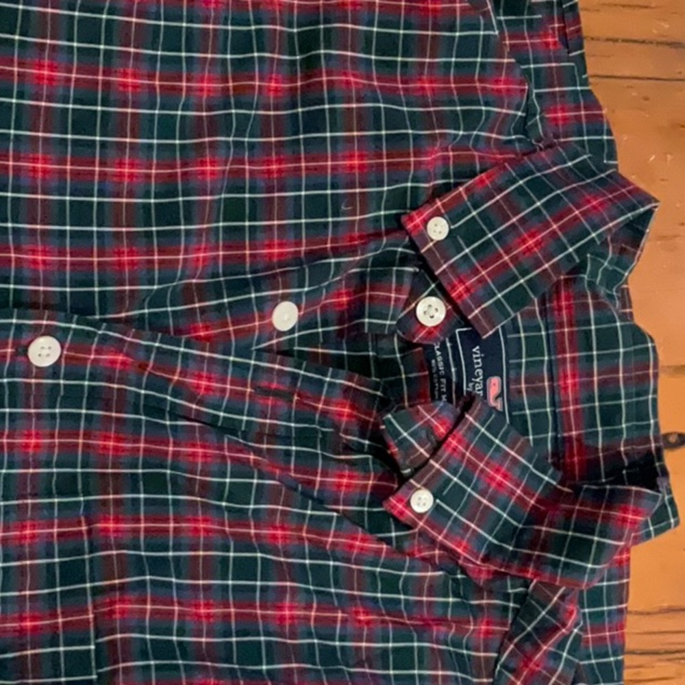 Men's Green and Red Plaid Vineyard Vines Long Sleeve Buttondown